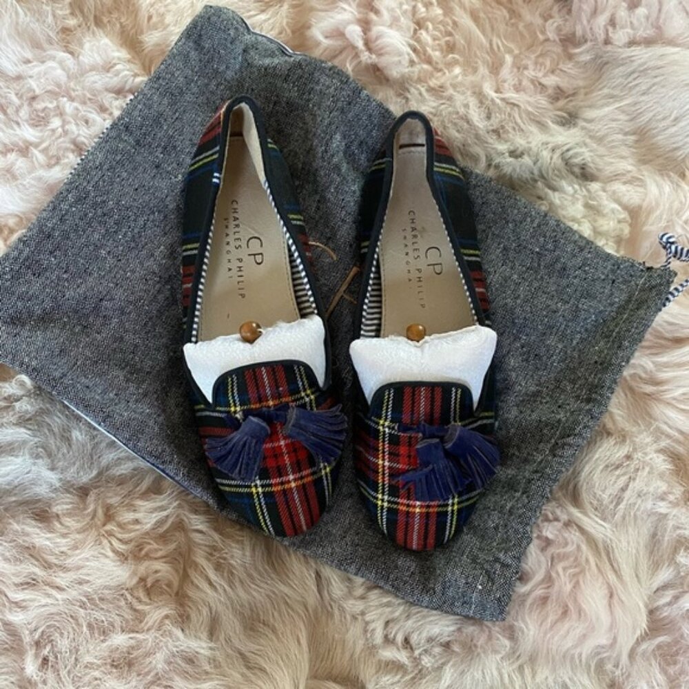 Charles Philip Shanghai Lana Wool Plaid Flat with Tassel in Scottish REVOLVE